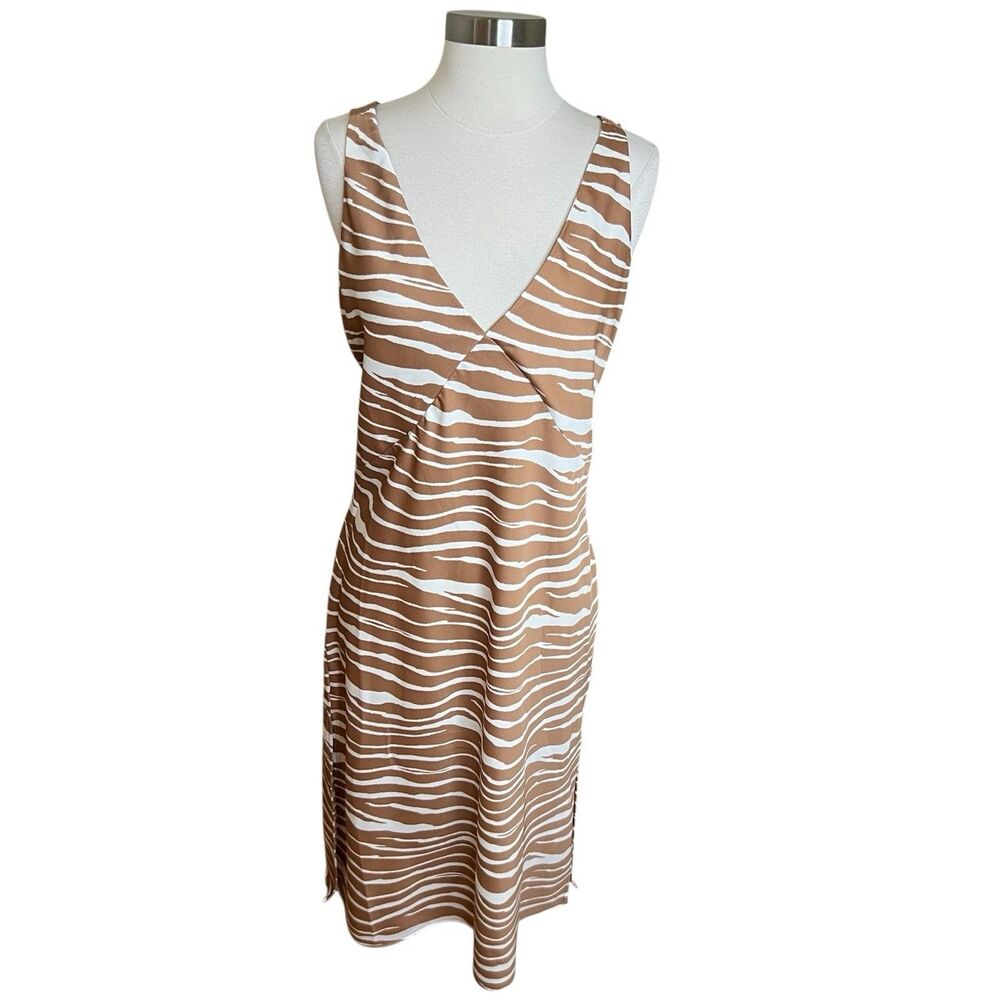 A New Day Midi Dress Size Medium Brown Satin Slip V Neck Zebra Print Side Slits